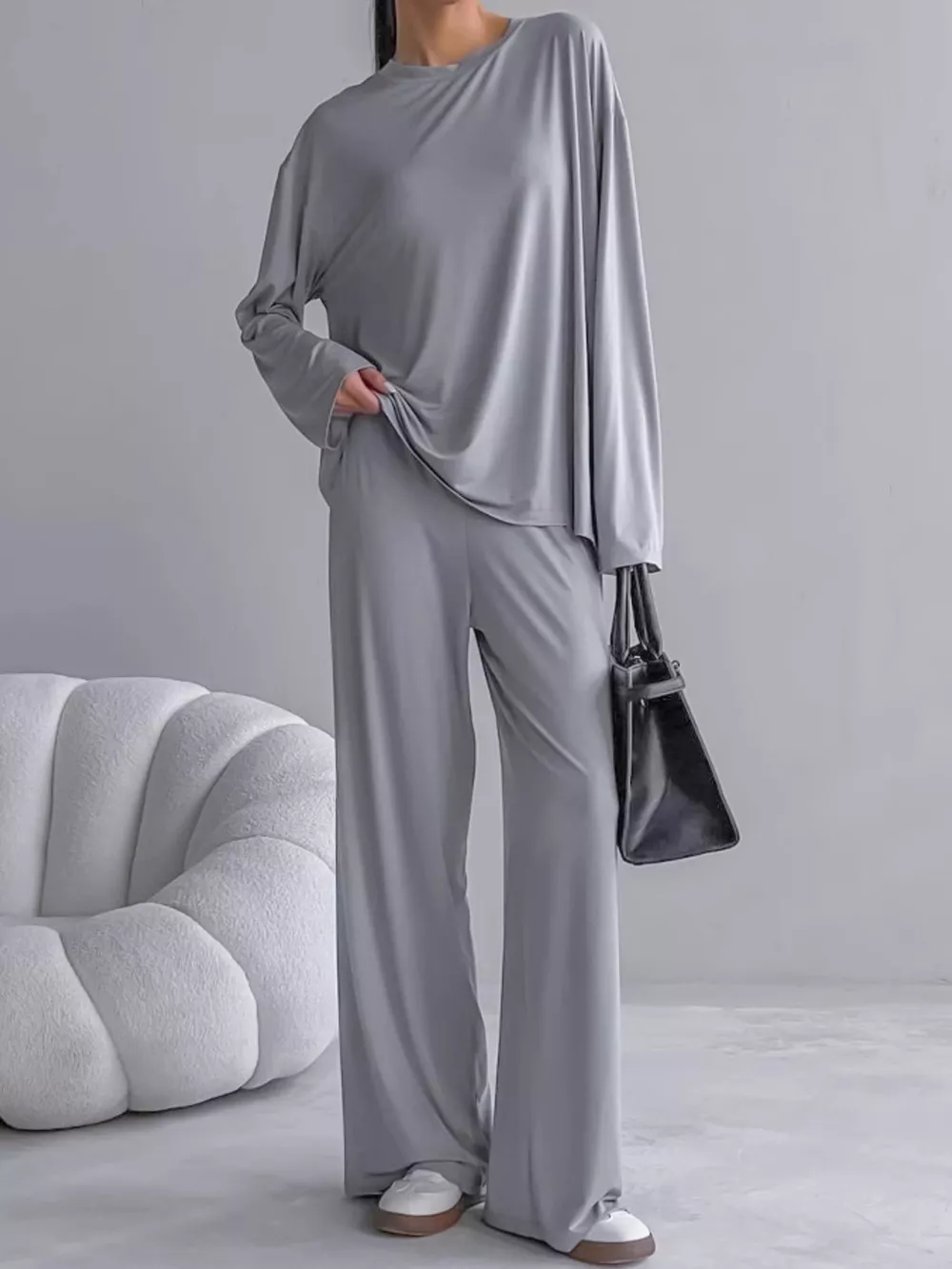 Solid Color Long Sleeve Top and Pants Set