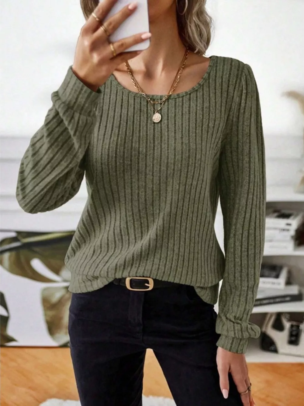 Ribbed Knit Long Sleeve T-Shirt, image 21