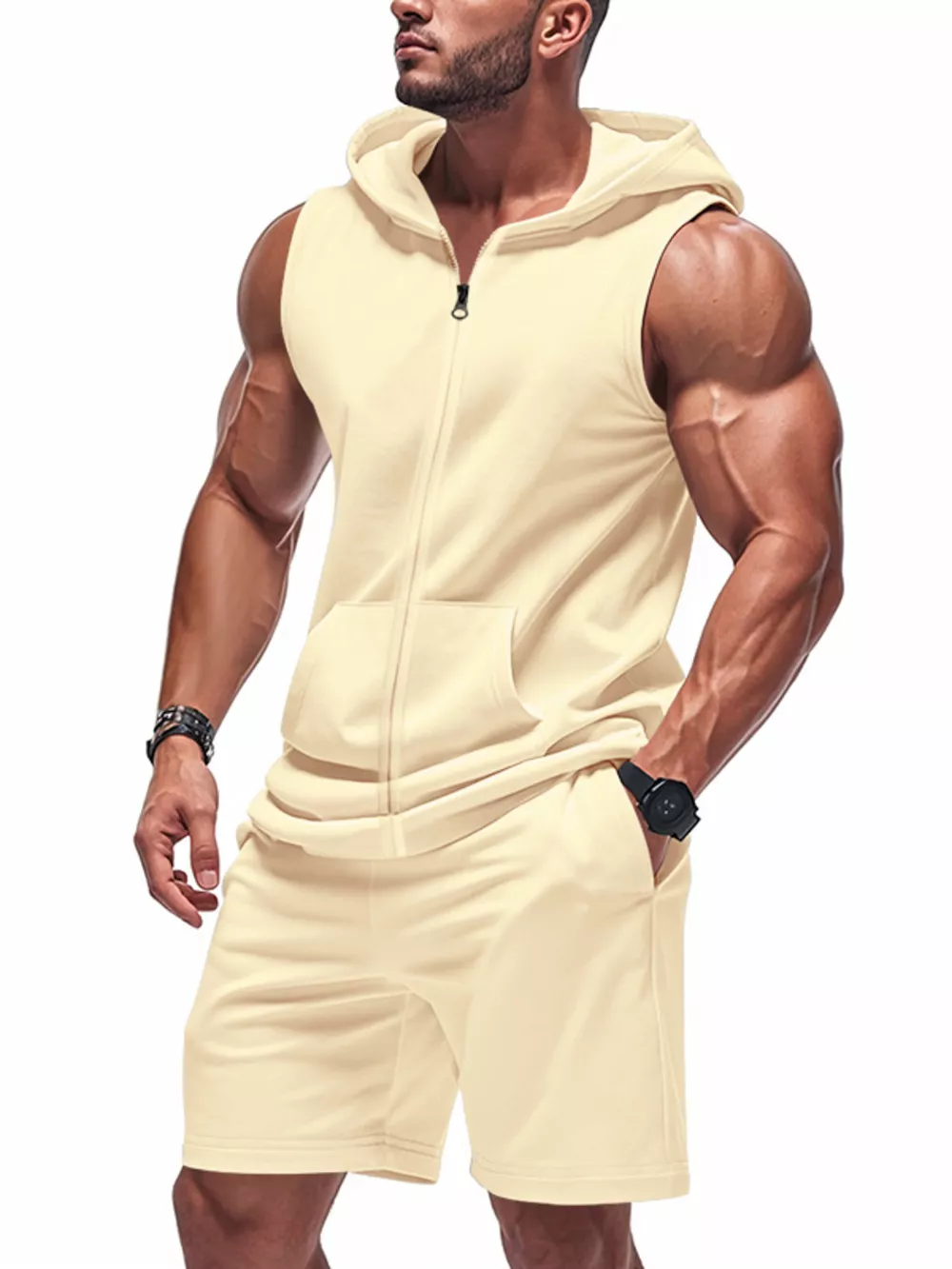 Men's Full Size Zip Up Sleeveless Hoodie & Shorts Set Plus Size, image 4