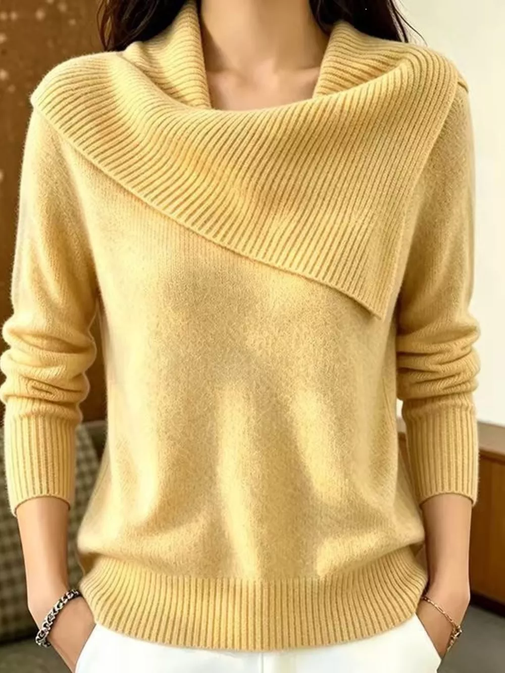 Full Size Asymmetric Ribbed Collar Sweater Plus Size, image 16