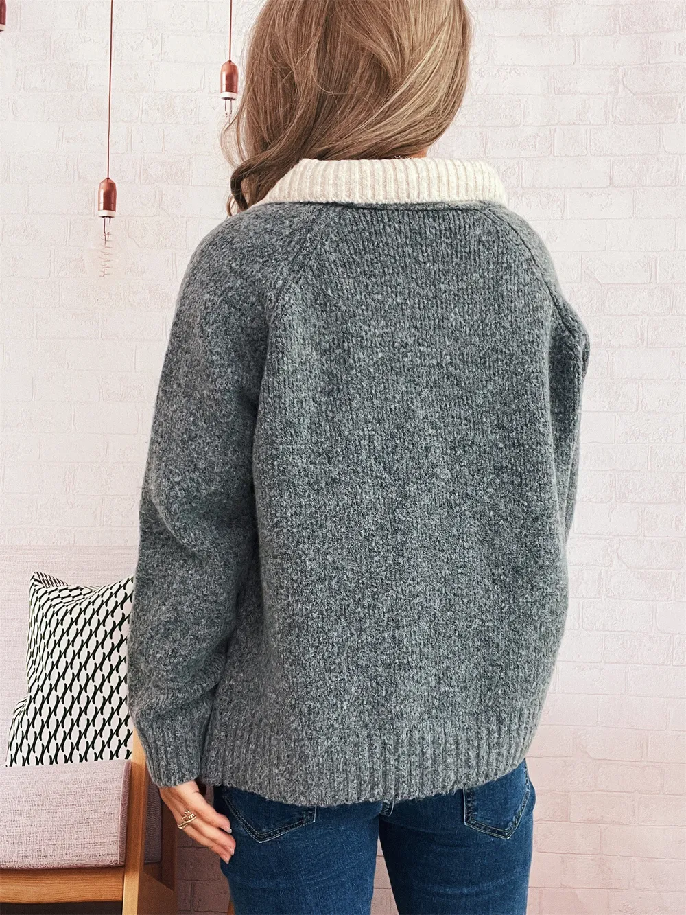 Contrast Collar Zip-Up Cardigan, image 10