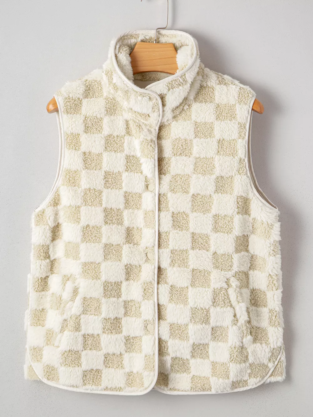 Sherpa Checkerboard Snap Button Vest Coat with Pocket, image 6