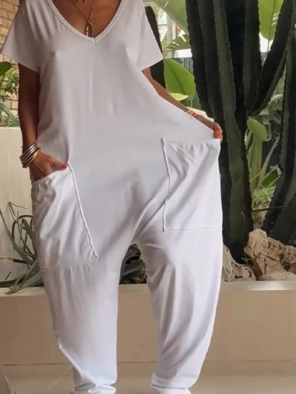 Full Size Loose Fit V-Neck Short Sleeve Wide Leg Jumpsuit Plus Size, image 3