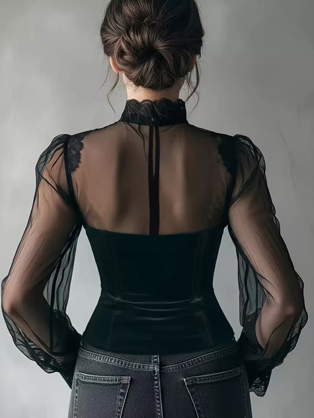 Lace Trim Velvet Sheer Sleeve Blouse, image 3