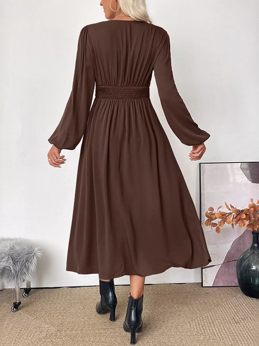 V-Neck Balloon Sleeve Midi Dress, image 3