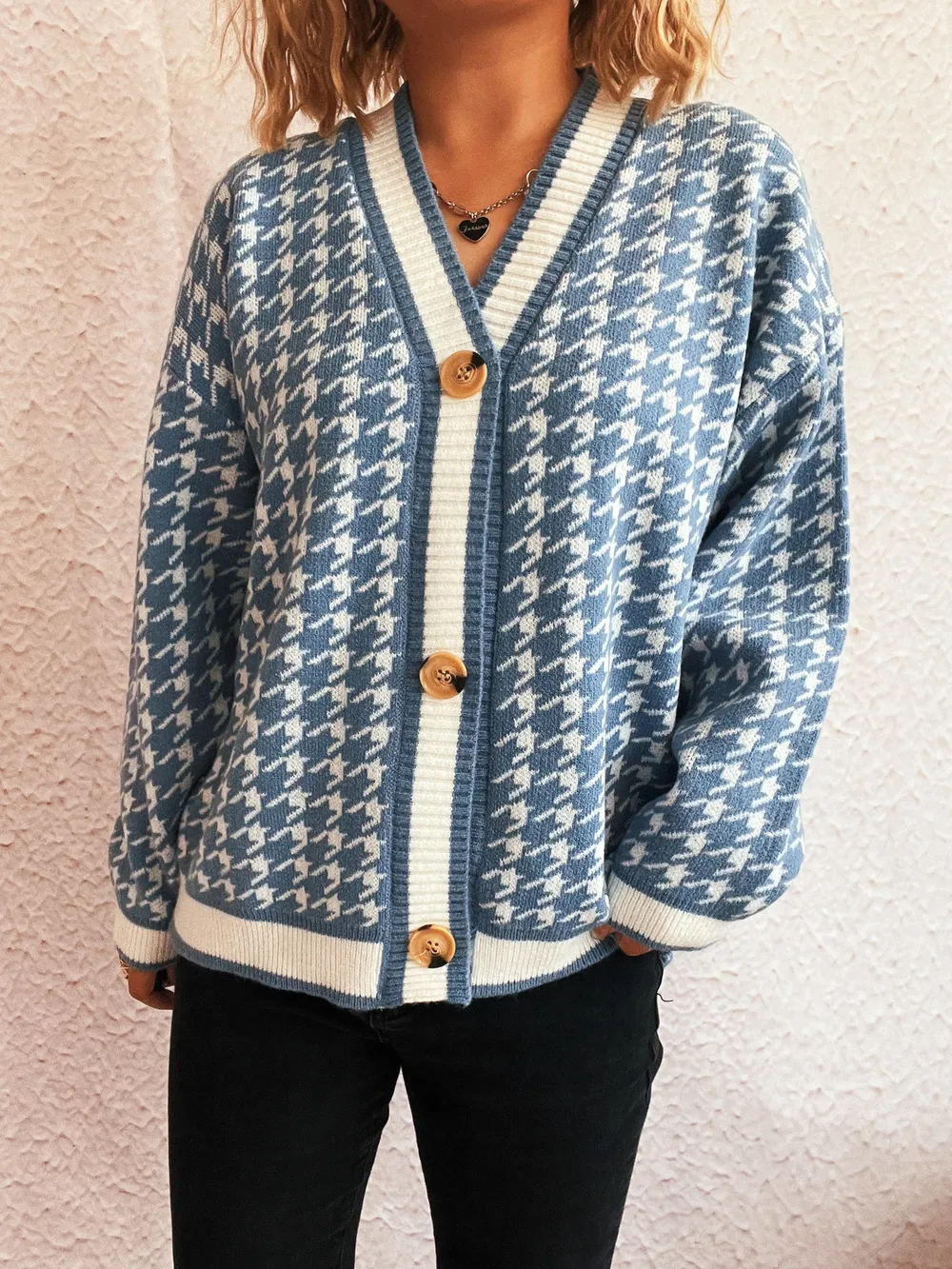 Houndstooth Pattern V-Neck Button-Up Cardigan, image 4