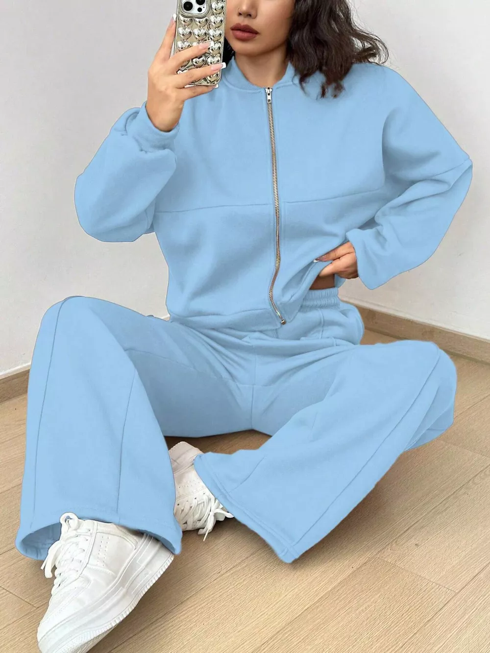 Casual Solid Color Zipper Jacket and Wide Leg Pants Set, image 9