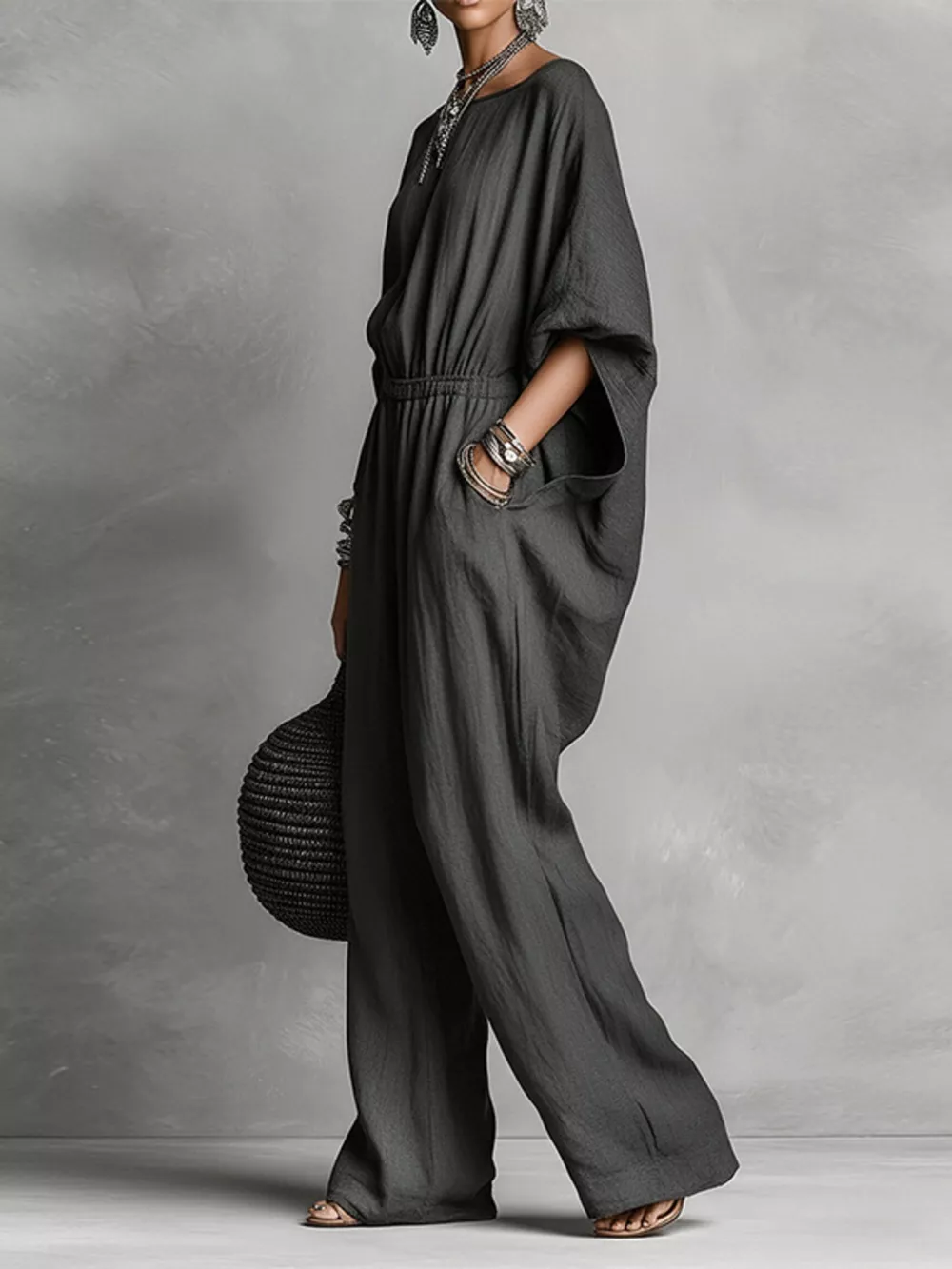 Full Size Boat Neck Batwing Sleeve Wide-Leg Jumpsuit Plus Size, image 7