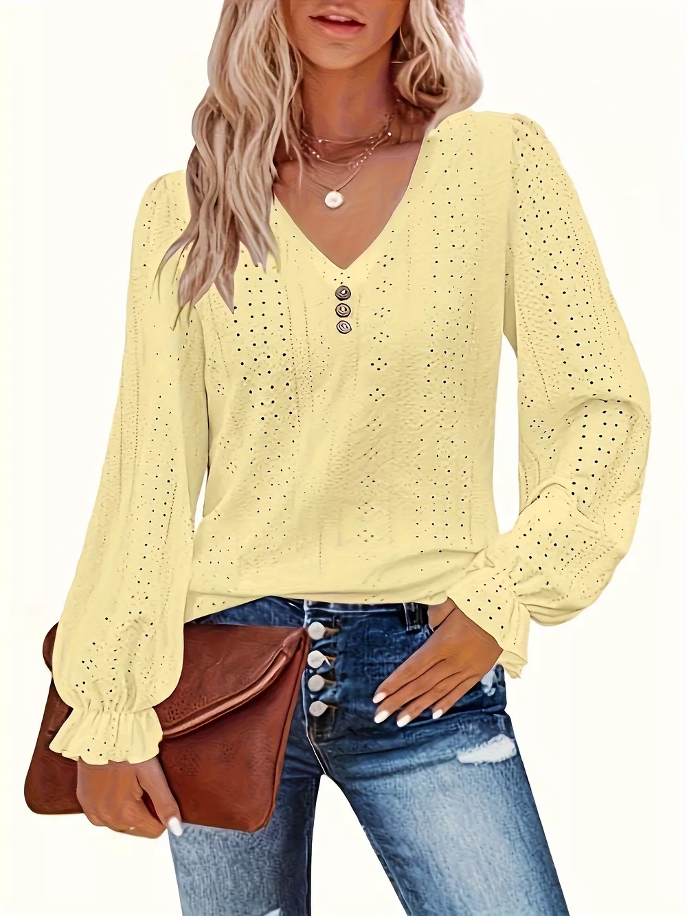 Plus Size Eyelet V-Neck Flounce Sleeve Blouse, image 22