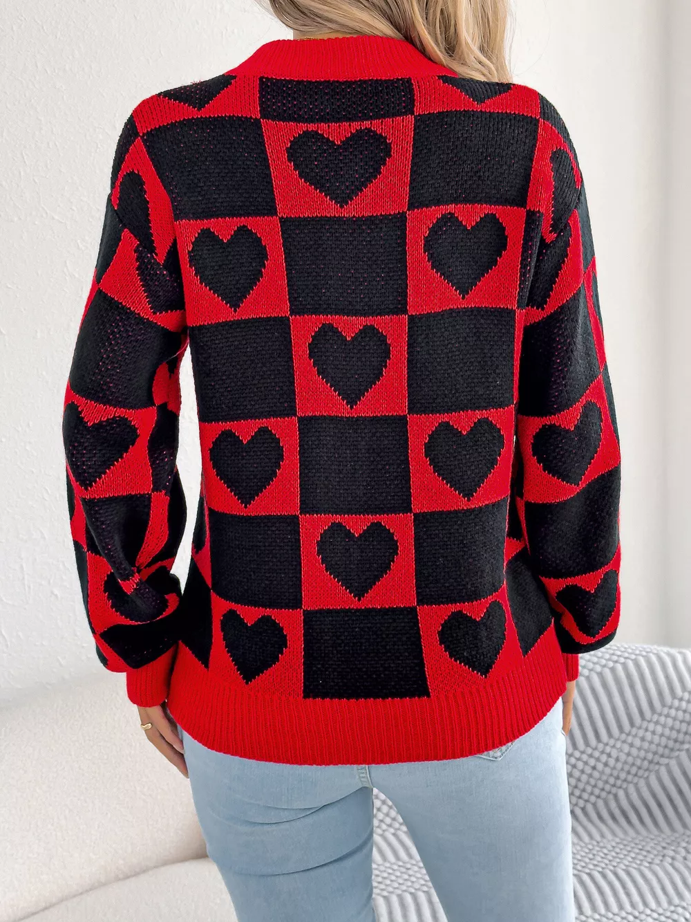 Heart Checkerboard Pattern Round Neck Sweater, image 3