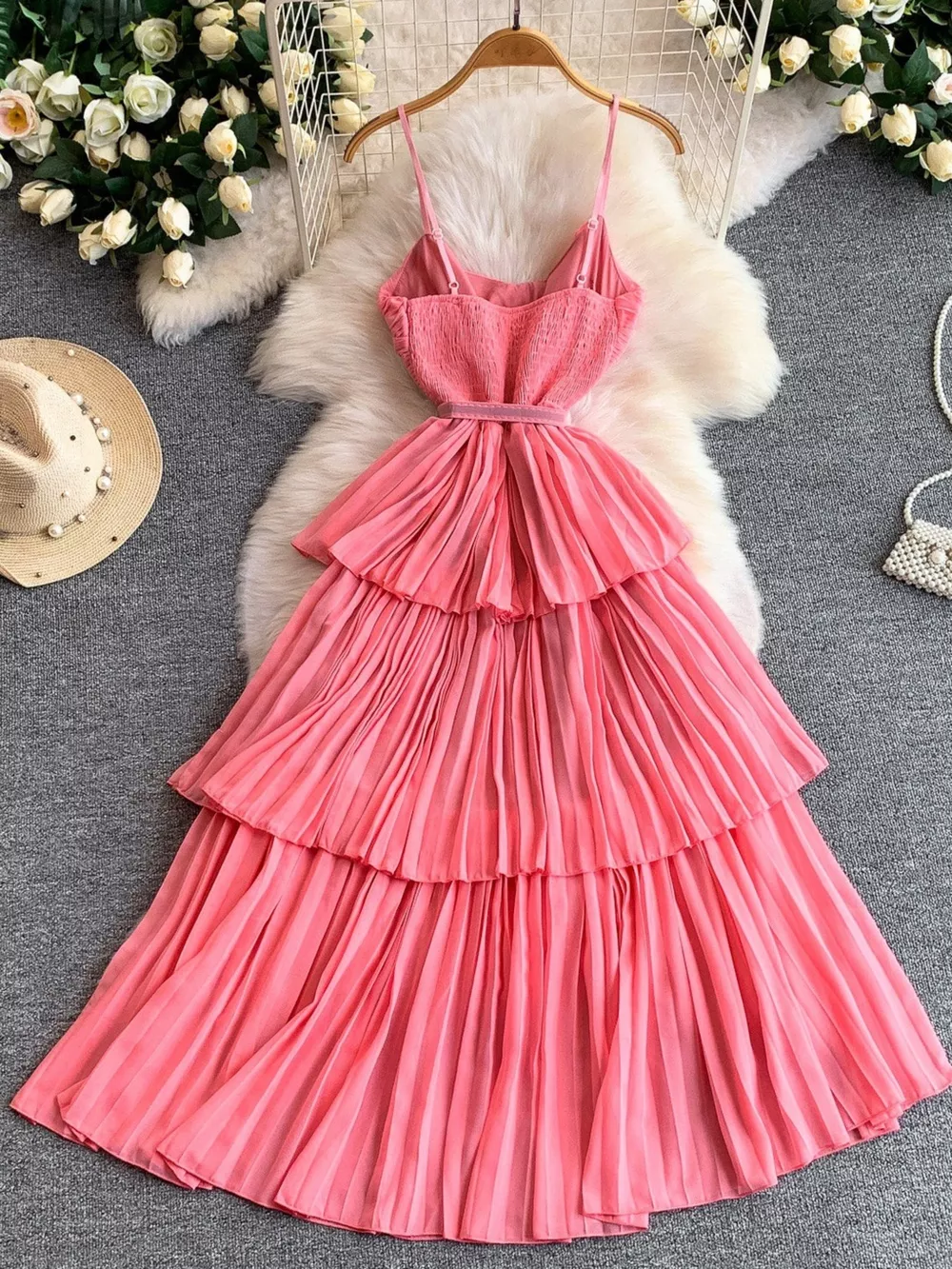 Pleated Layered Spaghetti Strap Midi Dress, image 3