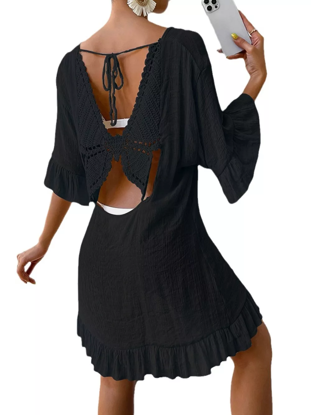 Ruffle Trim Butterfly Back V-Neck Cover-Up Dress, image 8