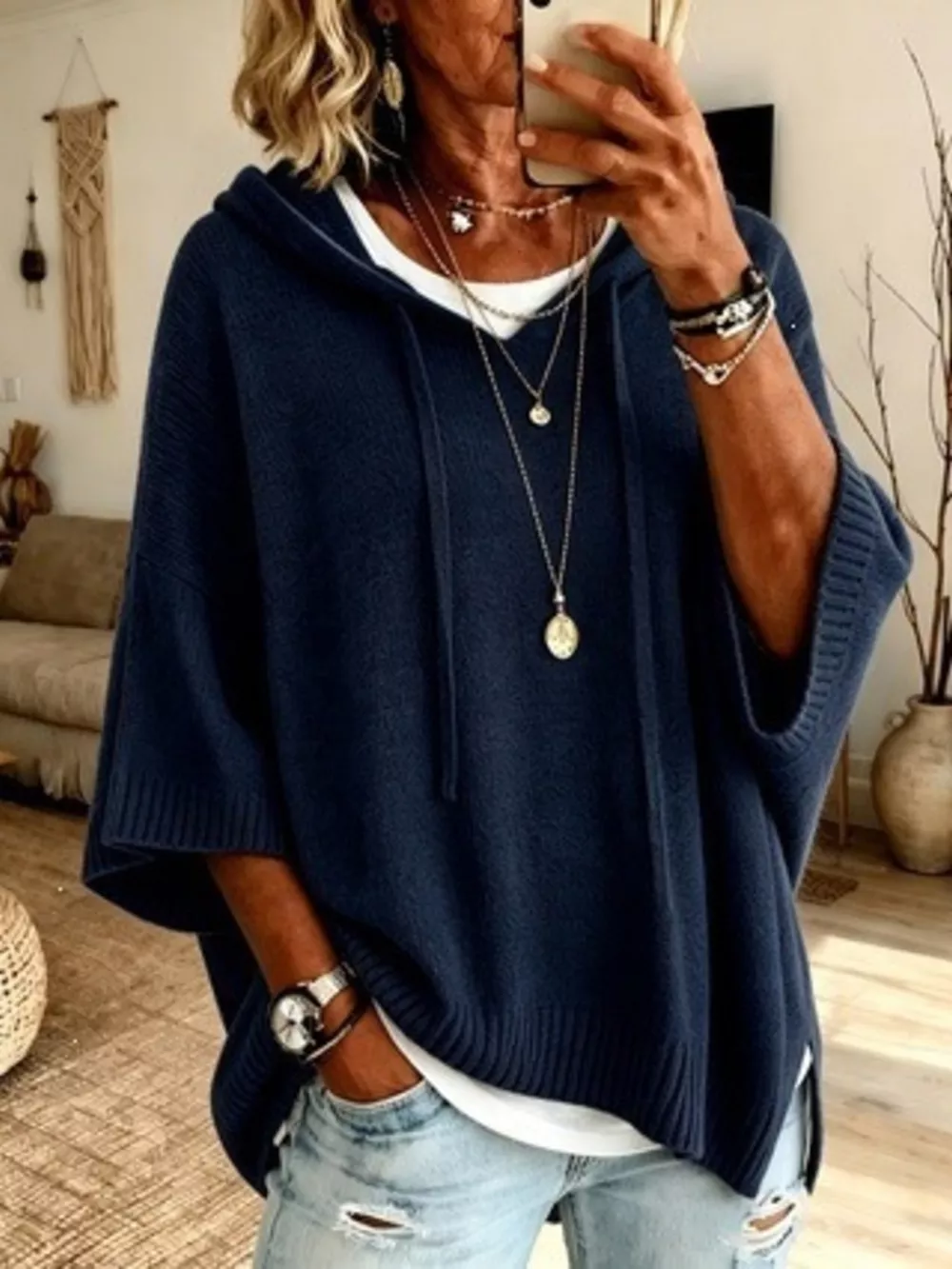 Full Size Drawstring 3/4 Sleeve Hooded Sweater Plus Size, image 9