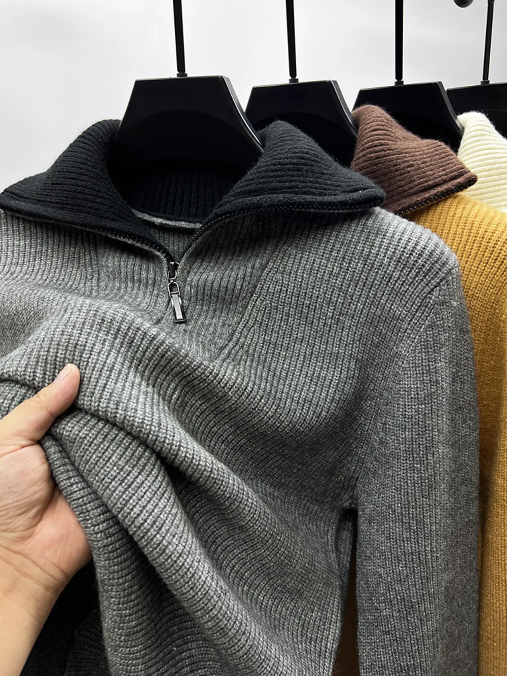 Men's Plus Size Zip Collar Long Sleeve Sweater, image 6