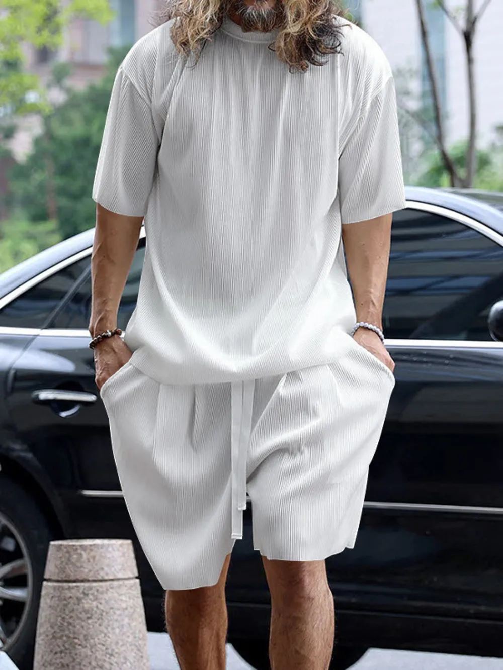 Men's Full Size Round Neck Short Sleeve Top and Shorts Set Plus Size, image 3