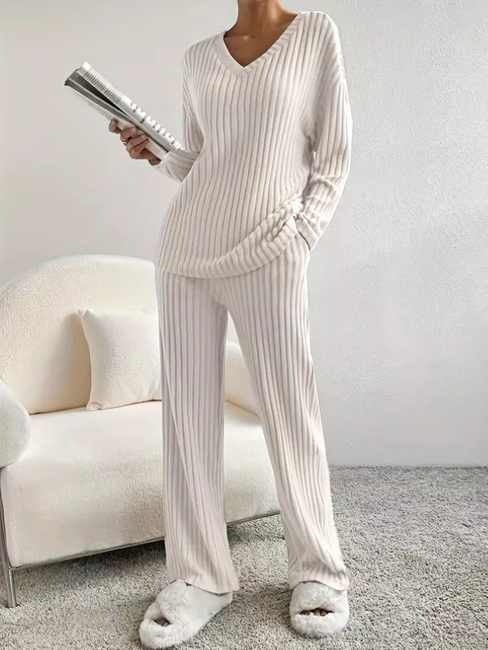 Ribbed Knit V-Neck Top and Pants Set, image 8