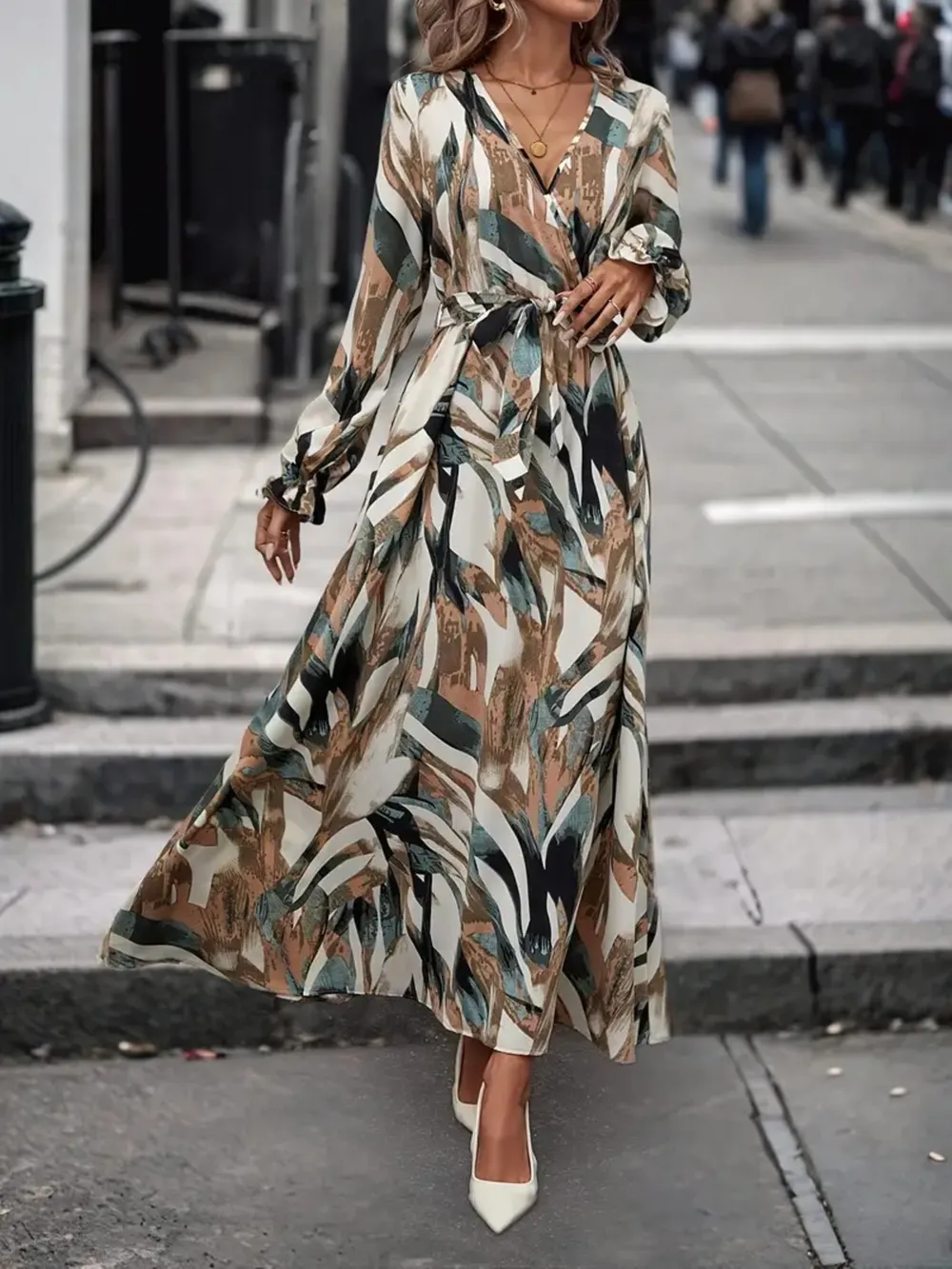 Printed Surplice Long Sleeve Maxi Dress, image 3