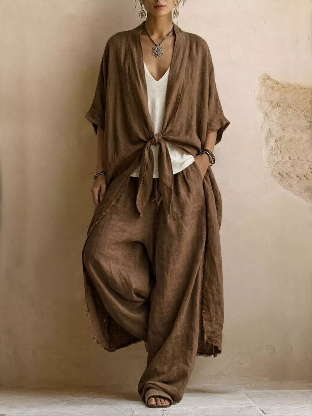 Full Size Tie-Front Cardigan and Wide-Leg Pants Set Plus Size, image 3
