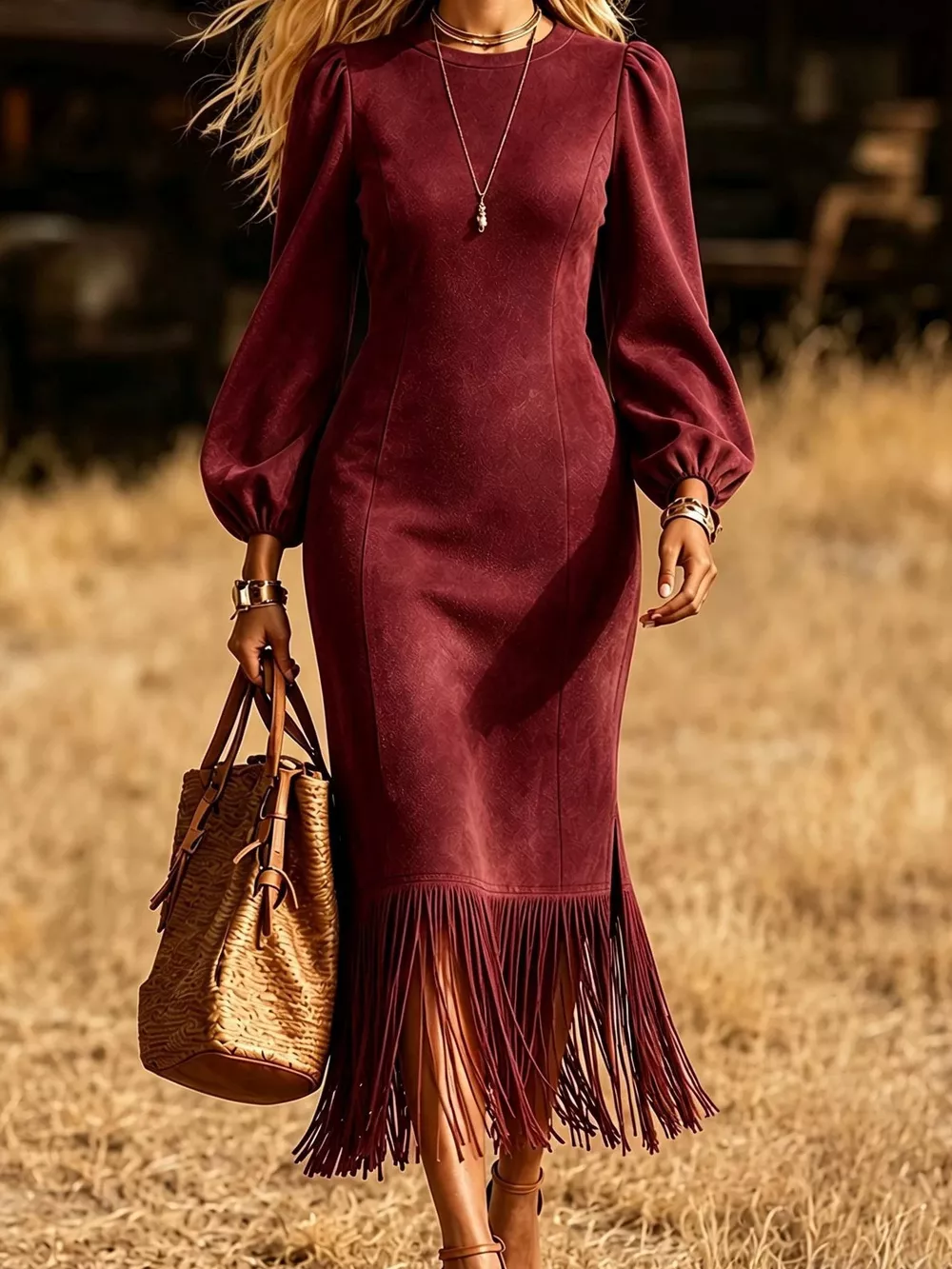Fringe Hem Balloon Sleeve Midi Dress, image 5