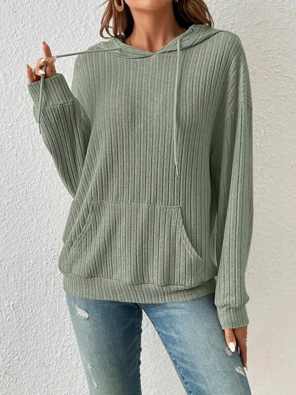Casual Ribbed Knit Drawstring Hoodie, image 13