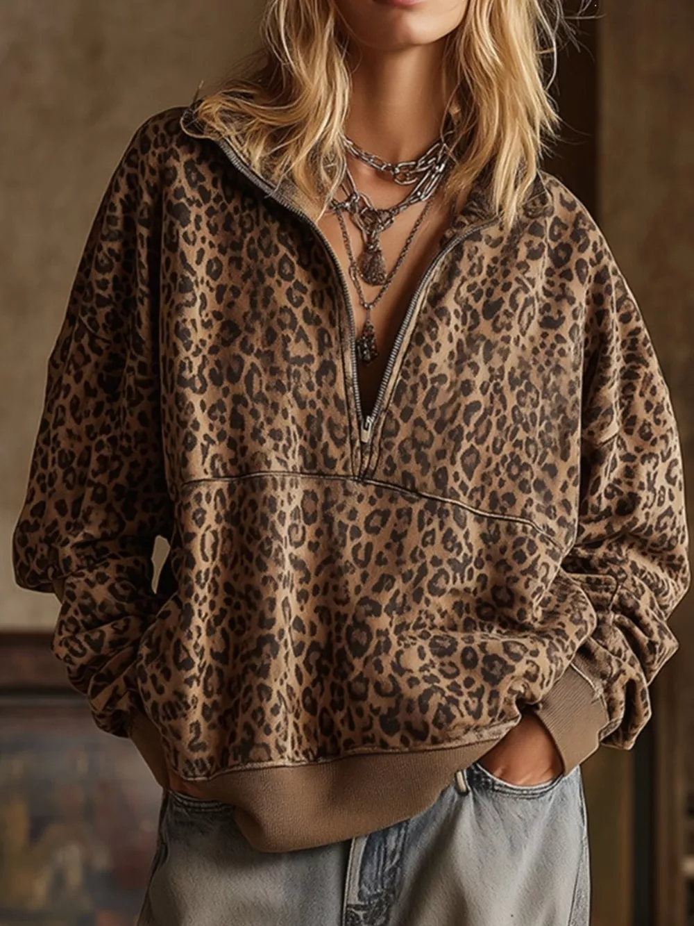Leopard Half Zip Oversized Sweatshirt, image 2