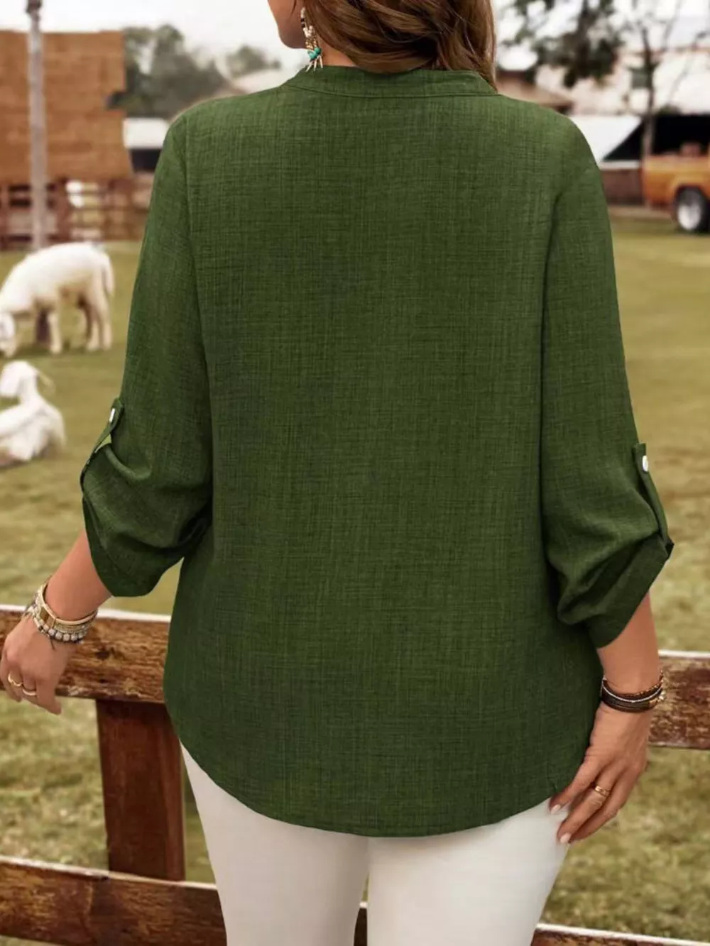 Plus Size Notched Roll-Tab Sleeve Casual Blouse, image 3
