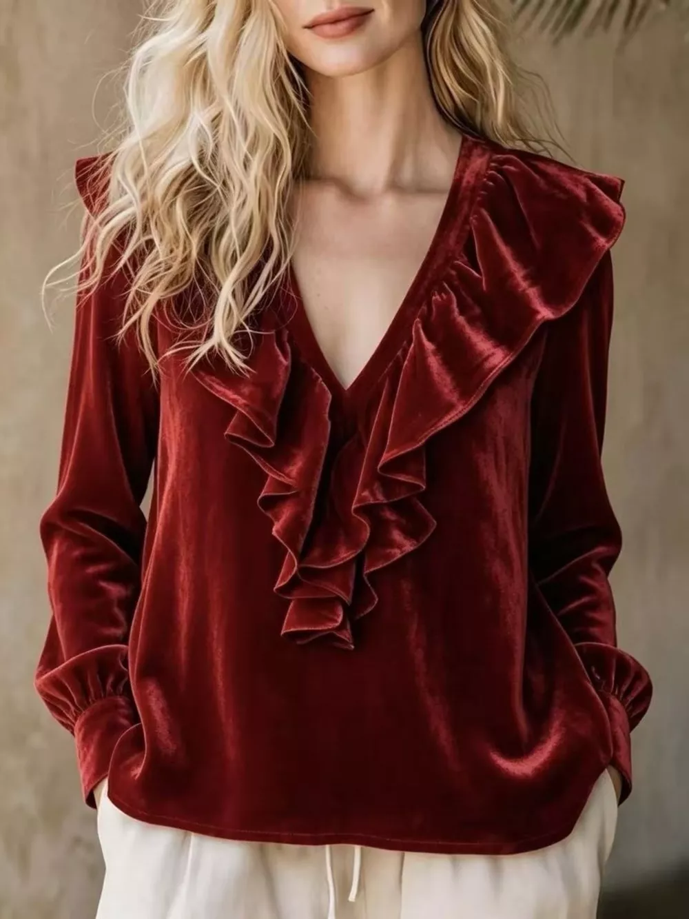 Full Size Velvet Ruffle V-Neck Blouse Plus Size, image 14