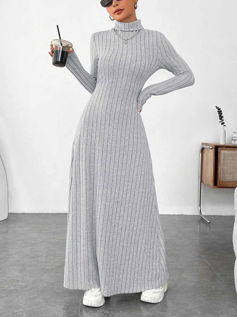 Ribbed Turtleneck Long Sleeve Maxi Knit Dress, image 7