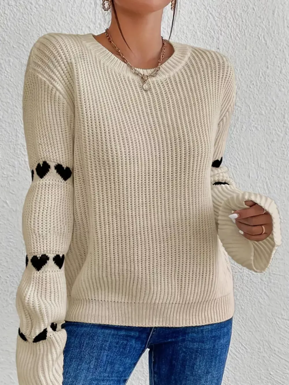 Heart Pattern Dropped Shoulder Sweater, image 8