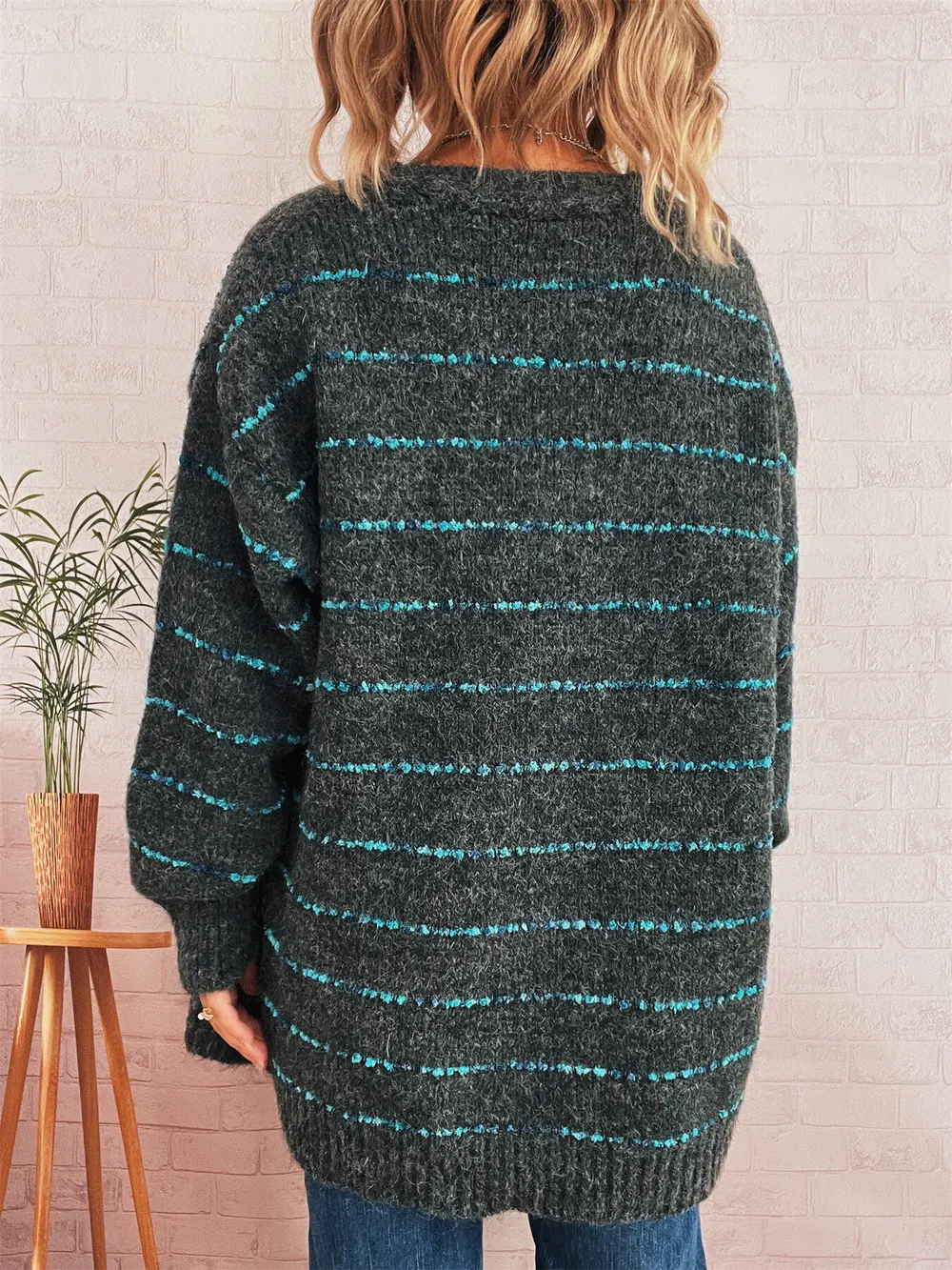 Striped Button-Up Cardigan with V-Neck Design, image 22