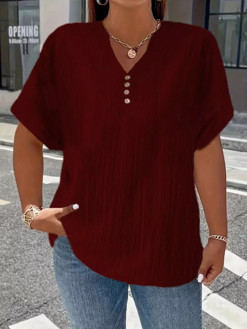 Plus Size Notched Short Sleeve Textured Top, image 10