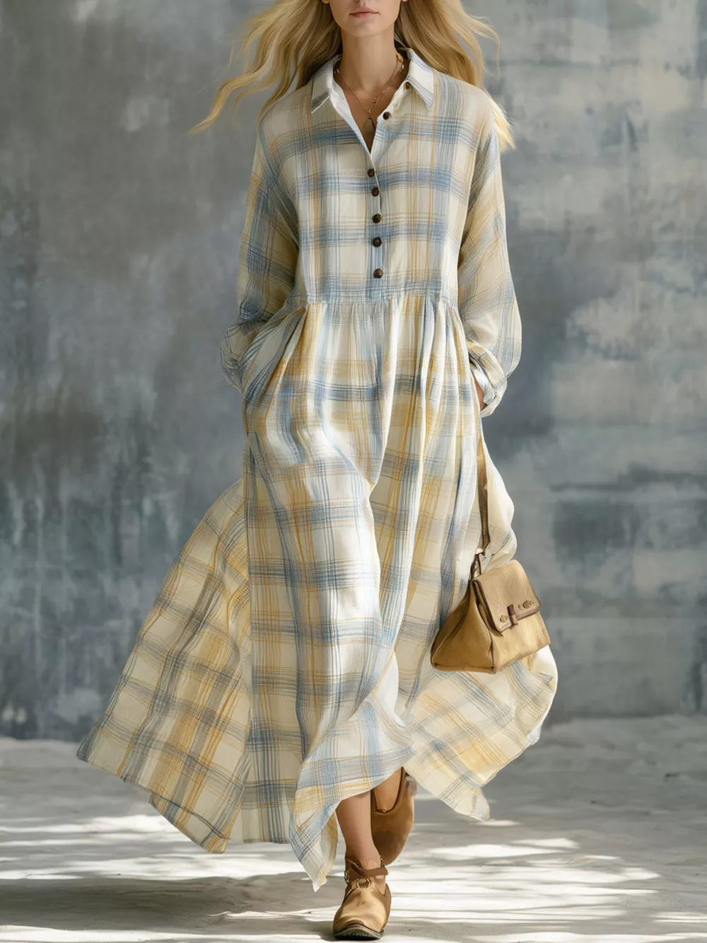 Plaid Button-Down Maxi Shirt Dress, image 7