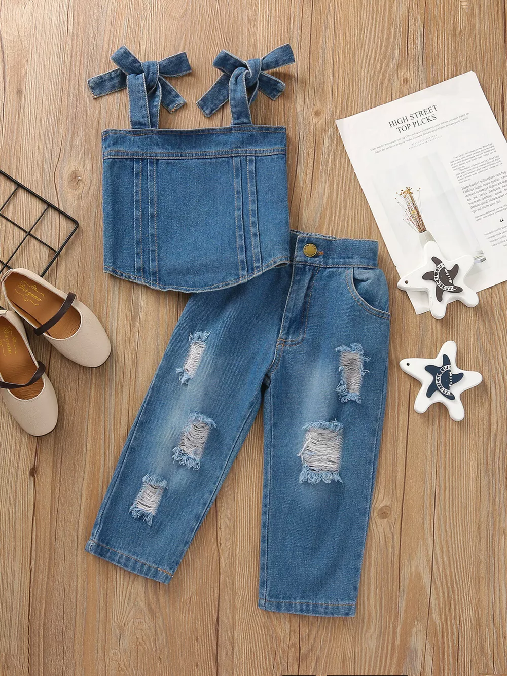 Children's Tie Shoulder Tank and Distressed Jeans Set