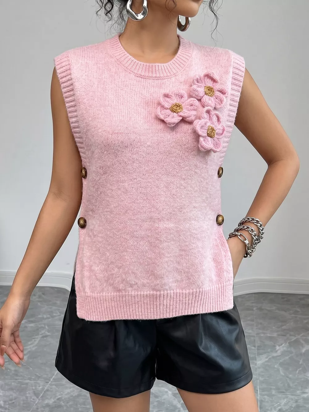Side Button Sweater Vest with 3D Floral Appliques, image 2
