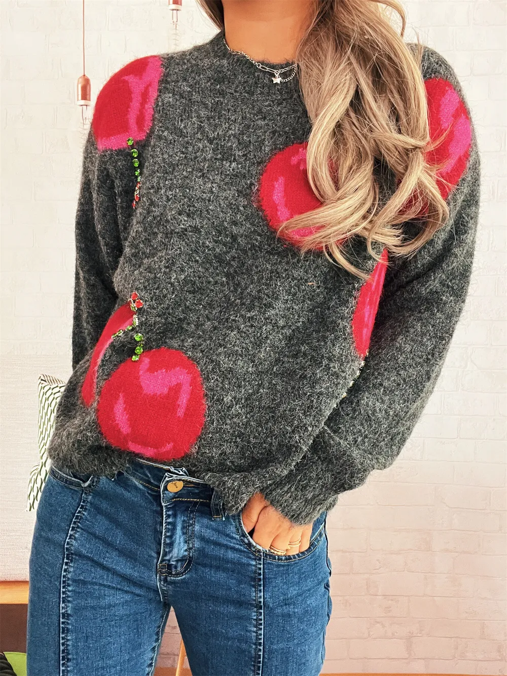 Contrast Cherry Round Neck Sweater, image 13
