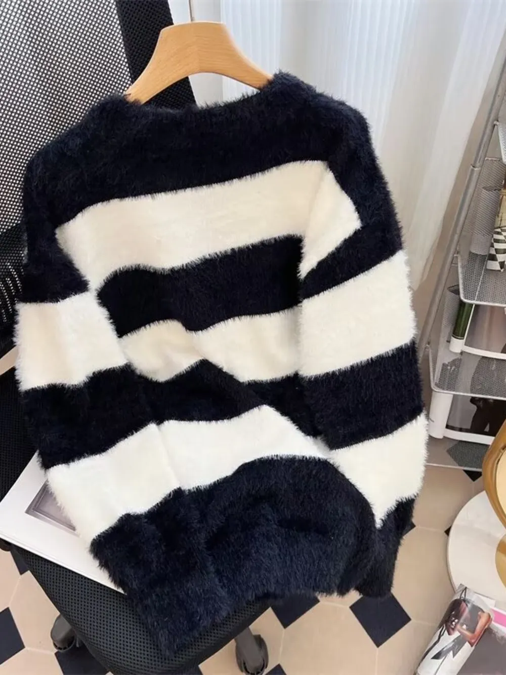 Men's Plus Size Striped Fuzzy Knit Pullover Sweater, image 2