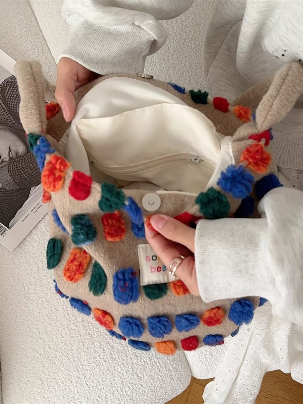 Colorful Pom-Pom Plush Crossbody Bag, image 6