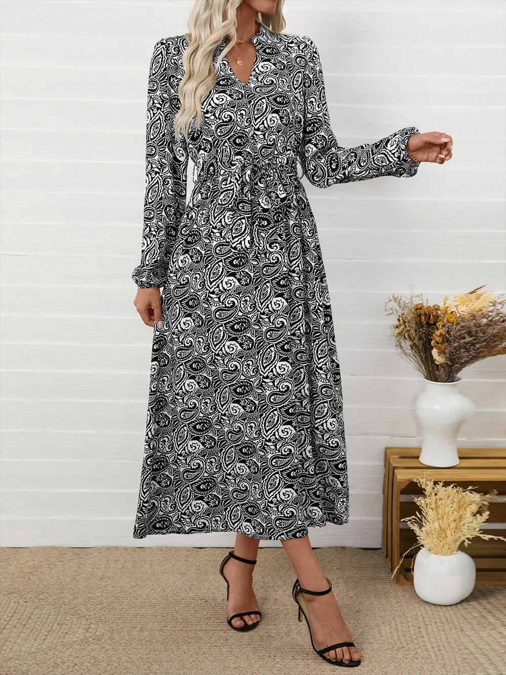 Paisley Print Long Sleeve Midi Dress, image 3