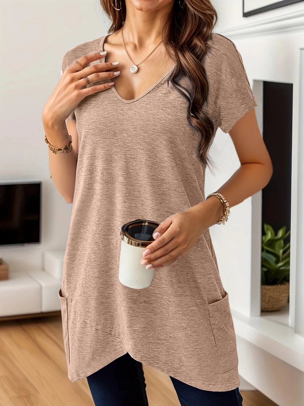 Full Size V-Neck Pocket Front Asymmetric Hem T-Shirt Plus Size, image 13