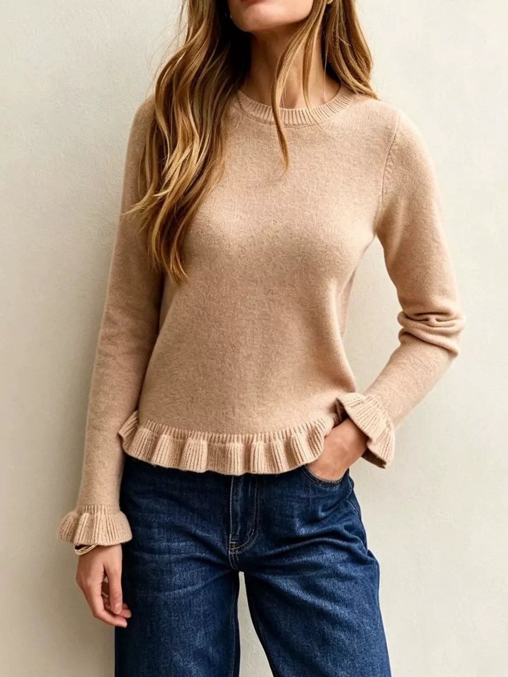 Ruffle-Trimmed Crew Neck Sweater, image 6