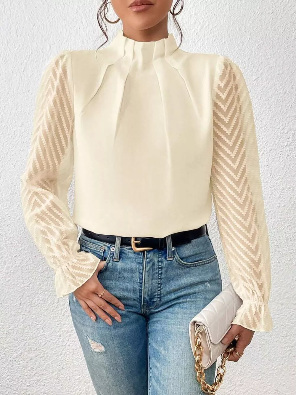 Mock Neck Sheer Lace Sleeve Blouse, image 10