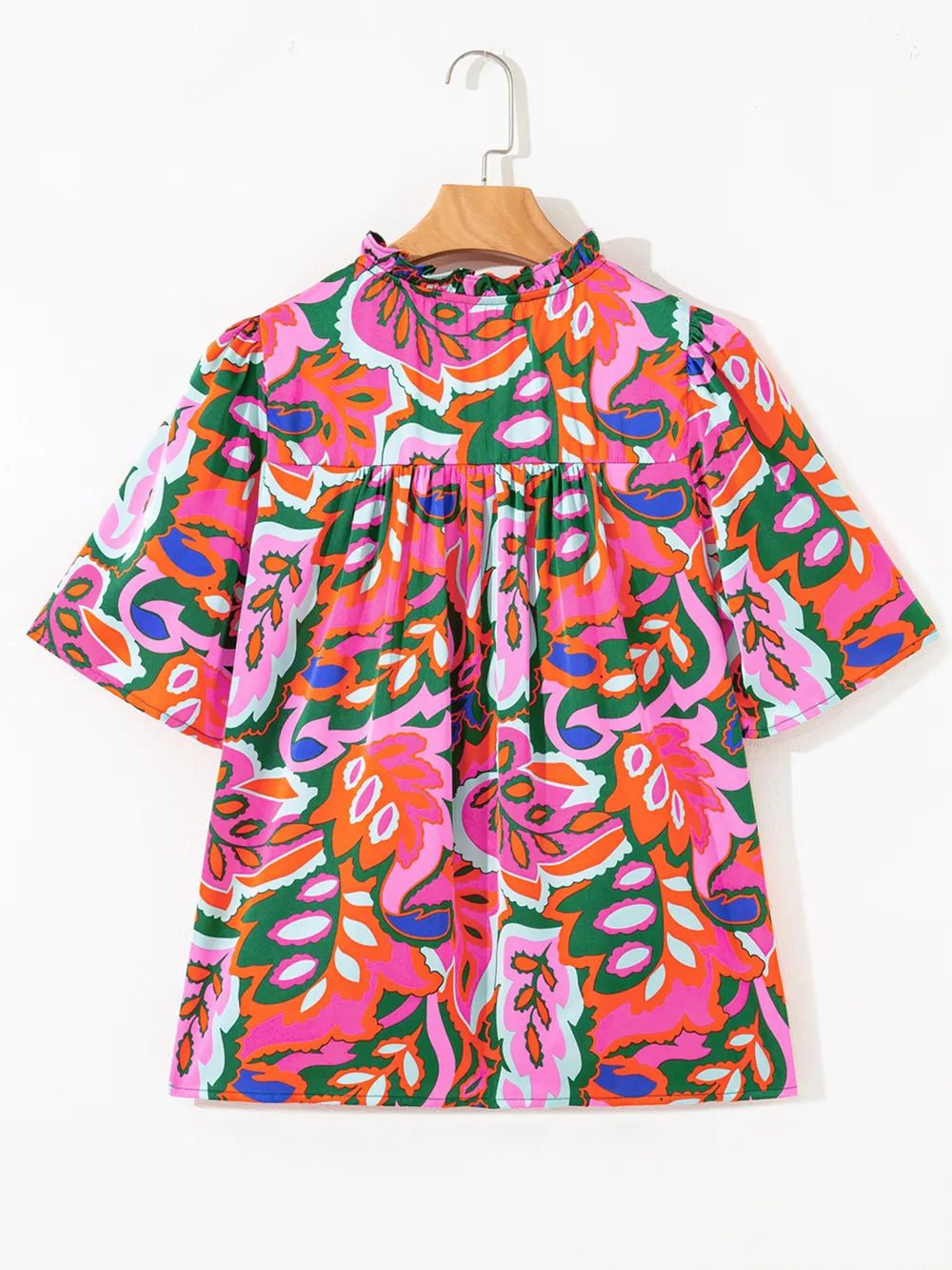 Tropical Print Short Sleeve Tie Neck Blouse, image 9