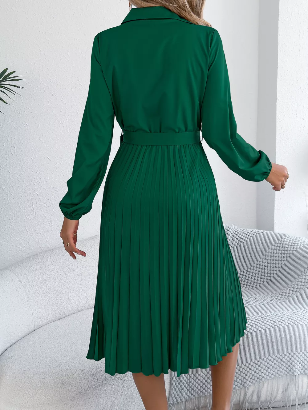 Pleated Tie Waist Balloon Sleeve Dress, image 9