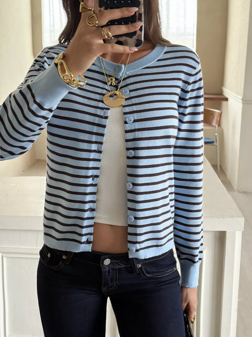 Striped Crew Neck Button-Down Cardigan, image 4