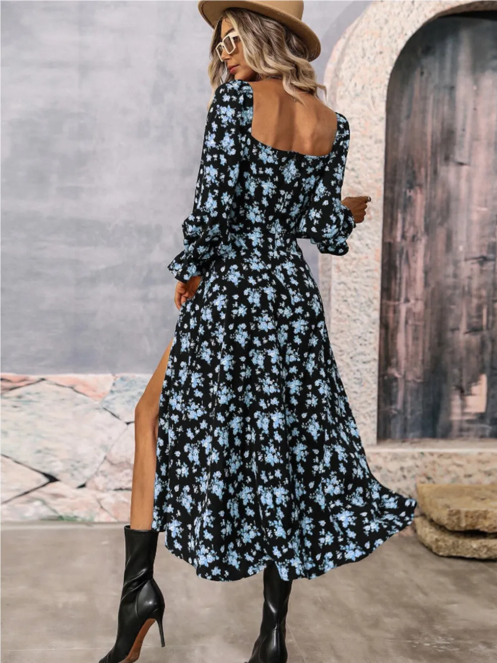 Floral Print Square Neck Flounce Sleeve Dress with Side Slit, image 8