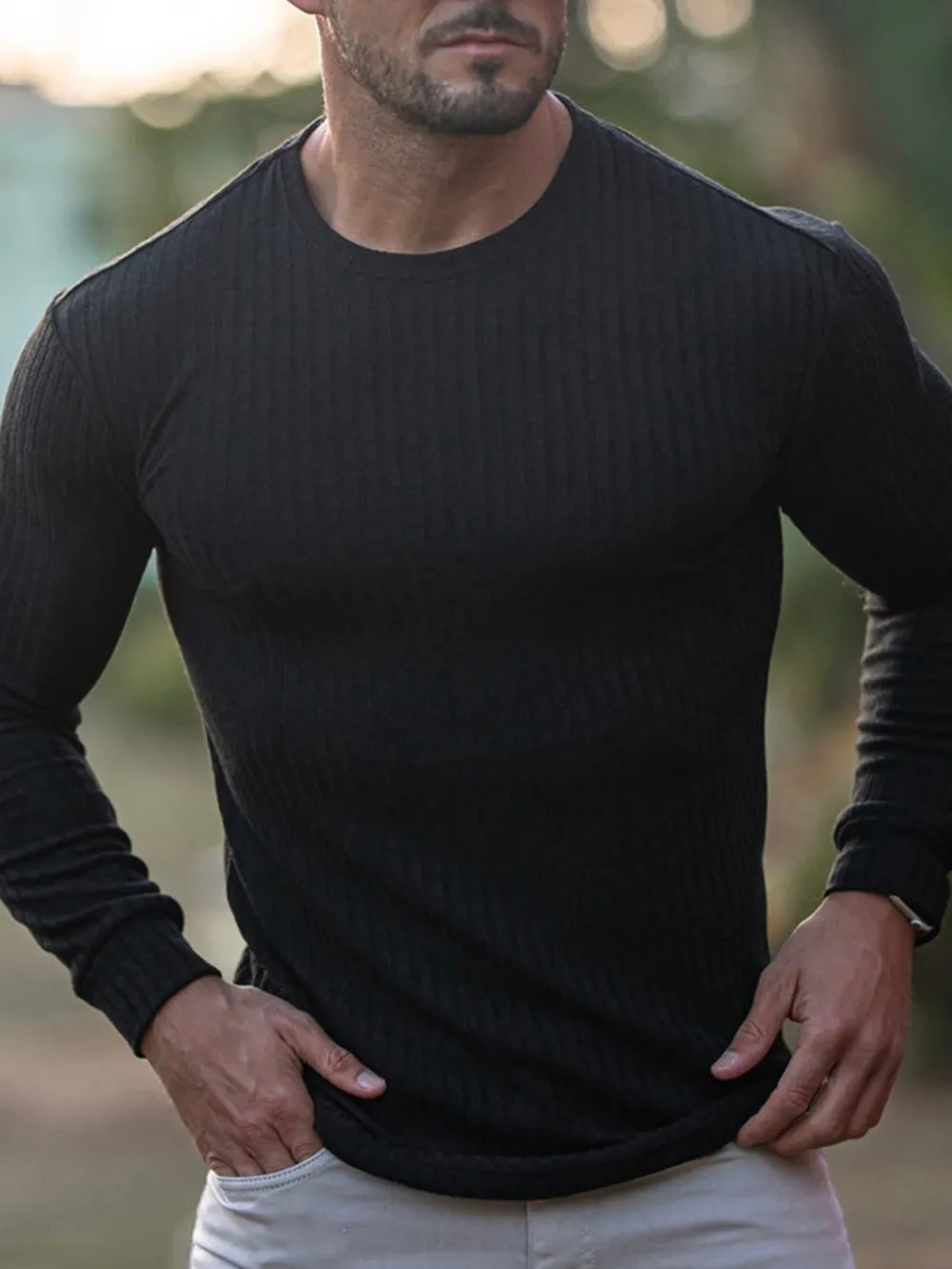 Men's Ribbed Round Neck Long Sleeve T-Shirt, image 8