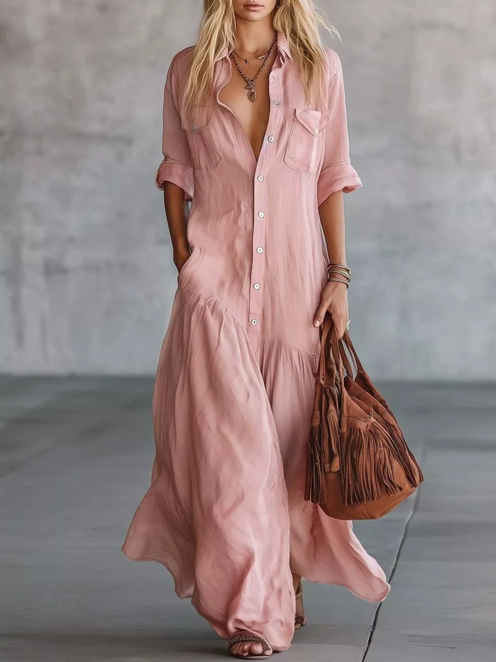 Full Size Button Front Roll-Up Sleeve Maxi Dress Plus Size, image 9