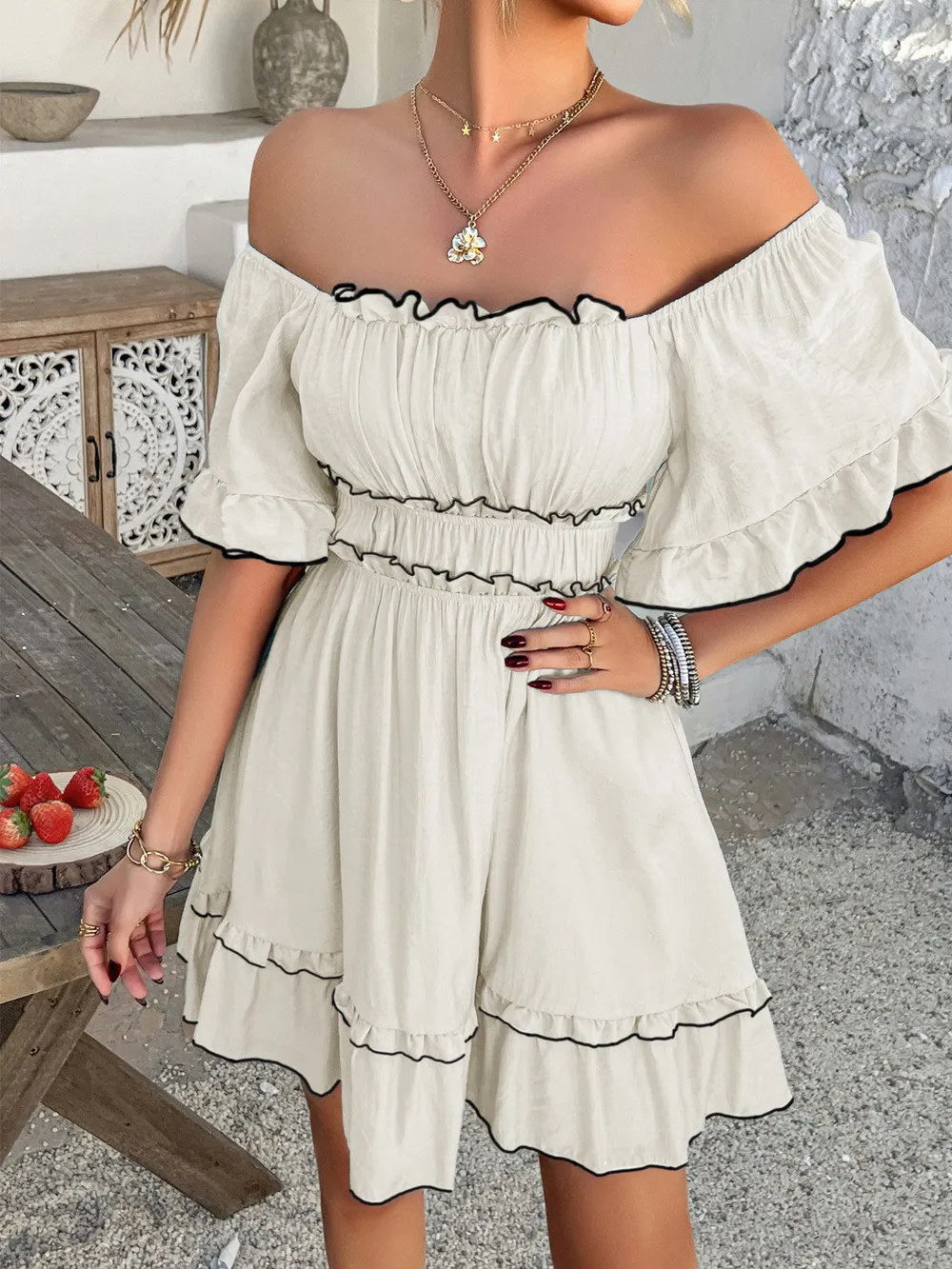 Square Neck Ruffle Trim Mini Dress, image 2