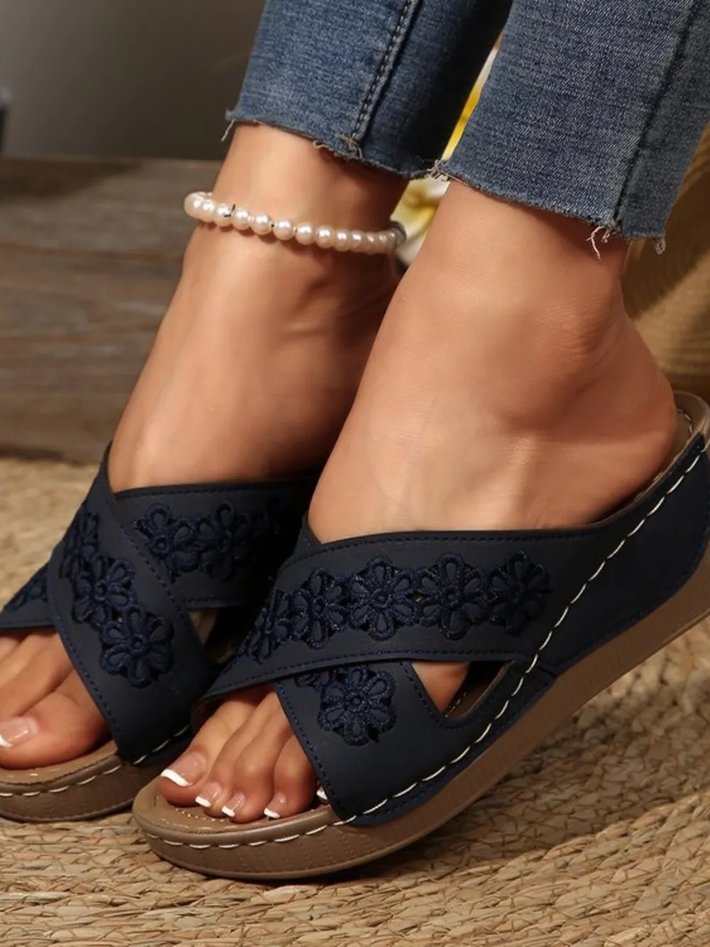 Crisscross Flower Wedge Sandals, image 13