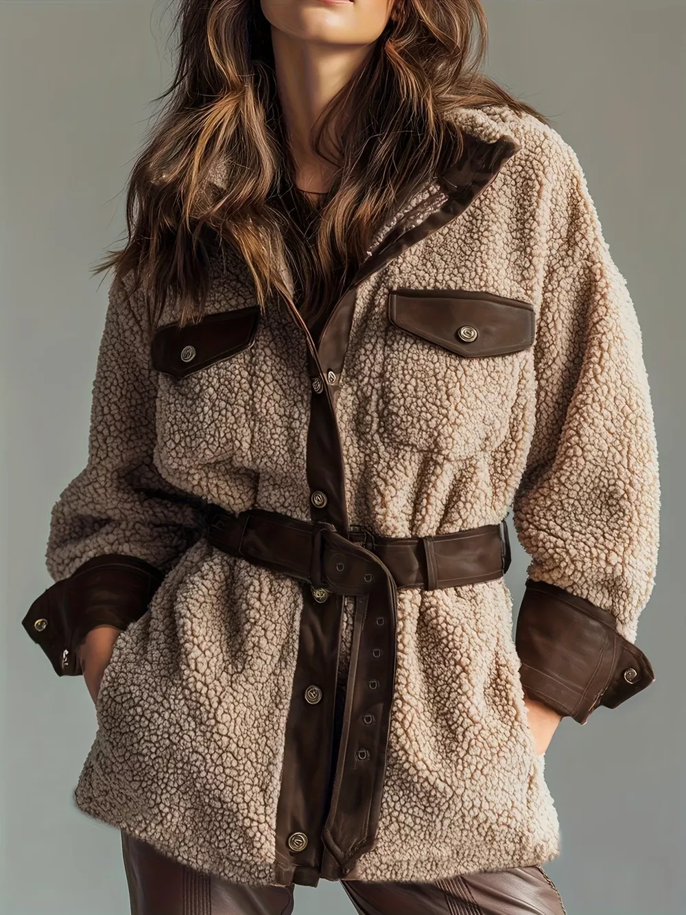 Leather Trim Sherpa Outerwear with Pockets